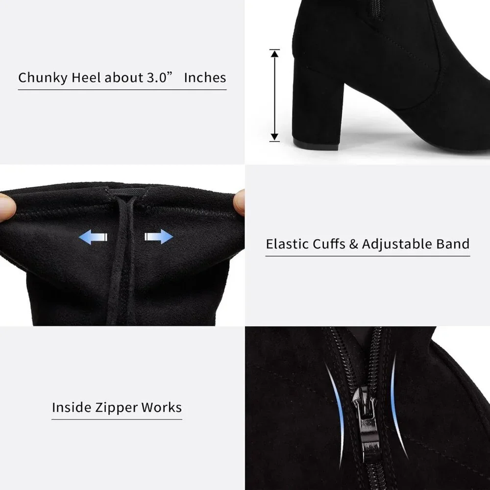 Women's Black Inner Zipper Thigh High Over The Knee High Square Heel Boots